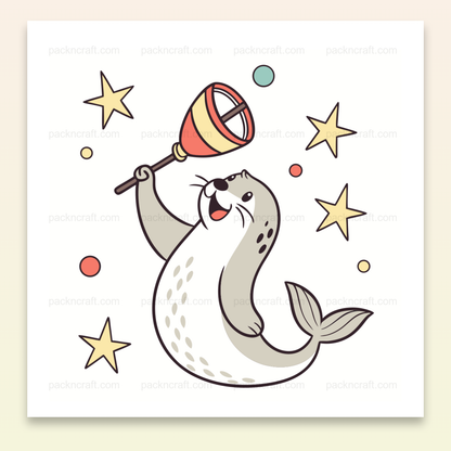 Illustration numérique de phoque joyeux avec cloche et étoiles, style cartoon.