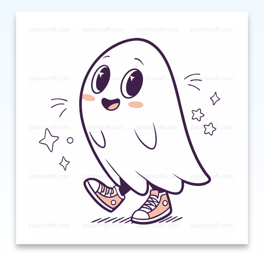 Fantôme joyeux marchant pour Halloween, style kawaii vectoriel. Parfait pour DIY et décorations.