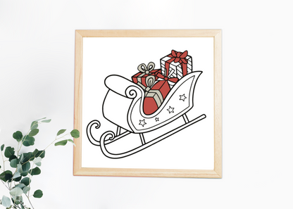 Cadre festif avec traîneau doodle chargé de cadeaux et ambiance magique de Noël