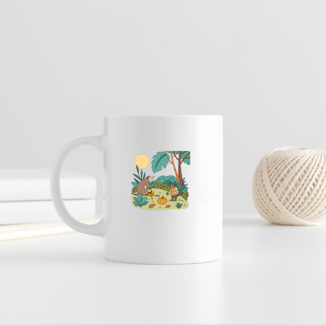 Mug automnal avec motif d'ours partageur et loutre festive en icône numérique