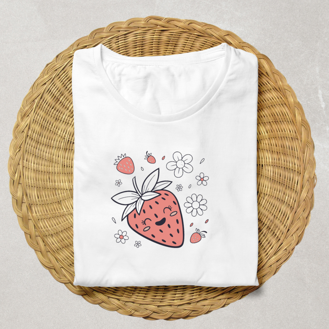 T-shirt avec fraise joyeuse en fleurs pastel apportant une touche de nature douce