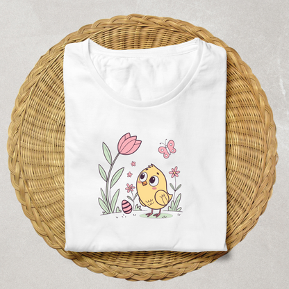 T-shirt illustré avec un poussin mignon et curieux dans des tons pastels printaniers