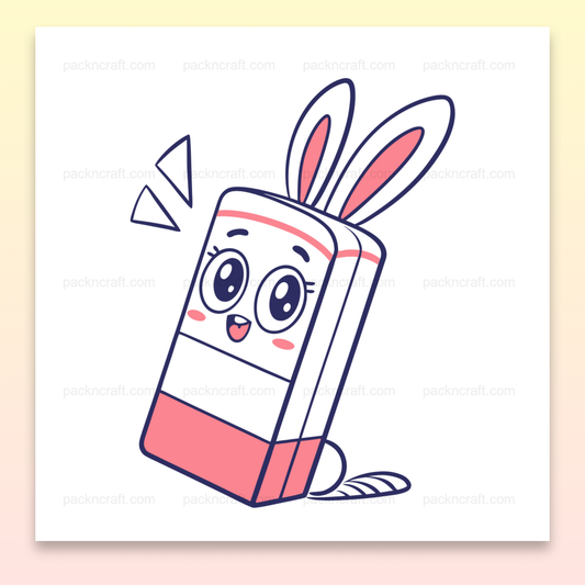 Illustration d'une gomme en forme de lapin joyeux, style kawaii, pour usage scolaire et créatif.