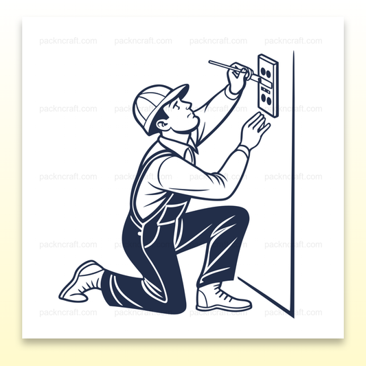 Illustration d'un électricien installant une prise pour projets stickers., Électricien au travail sur une tasse, illustrant la compétence et l'artisanat., Art digital d'un électricien installé sur un t-shirt pour les amateurs de rétro., Sticker d'un électricien en pleine installation, parfait pour bricolage., Électricien sur un cadre, ajoutant une touche rétro à votre décoration.