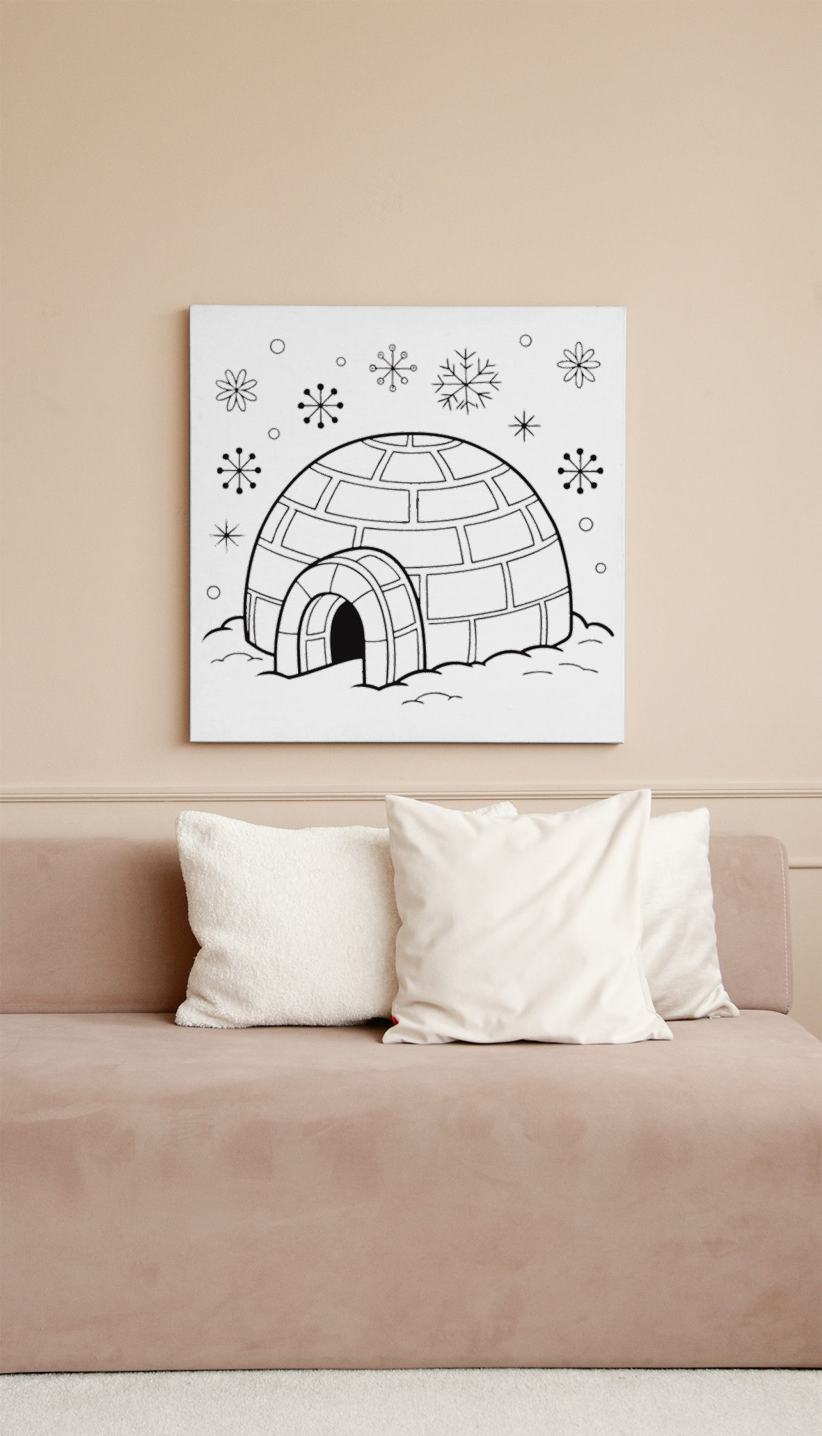 Cadre minimaliste avec motif igloo sous la neige dans un style hivernal élégant