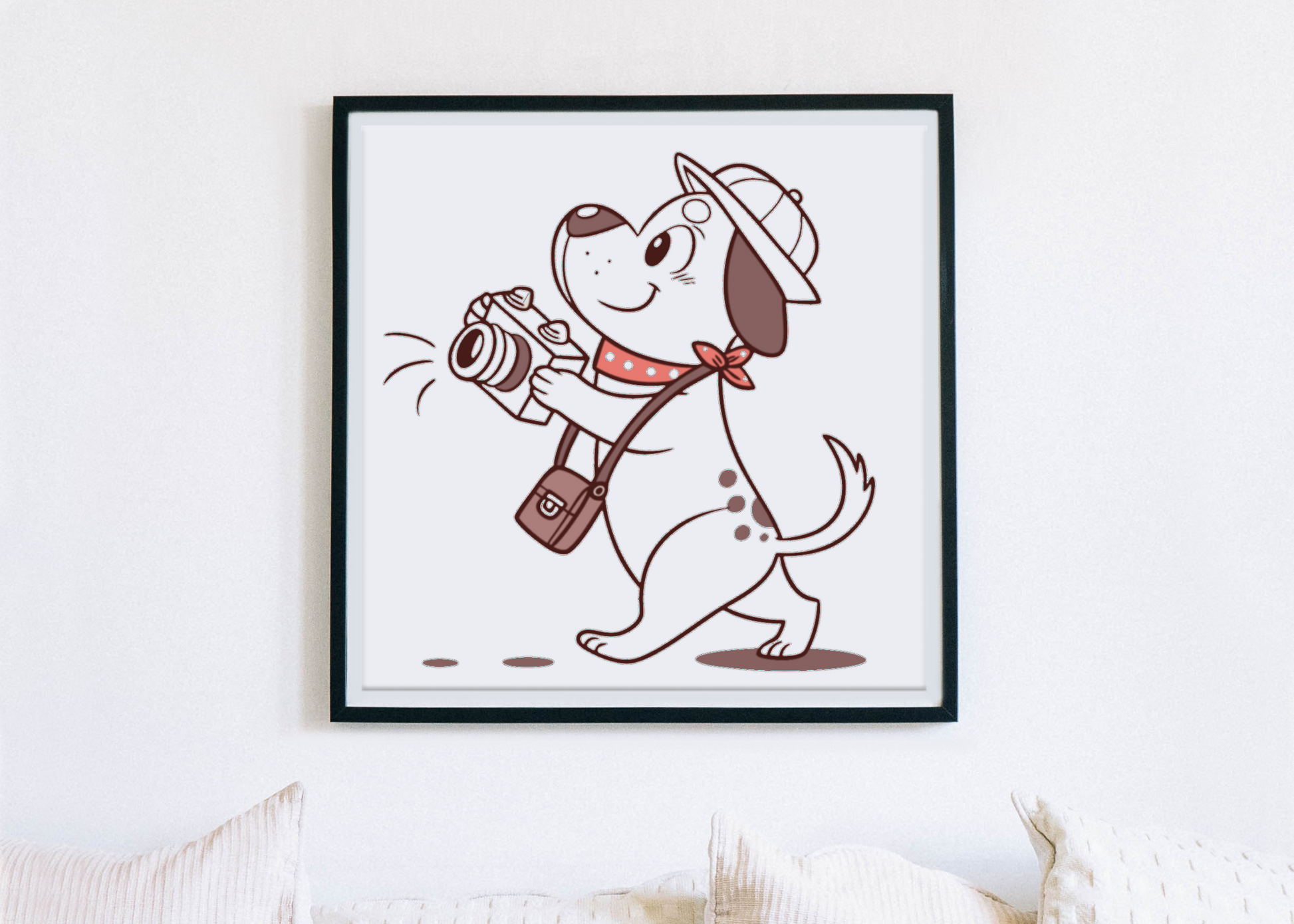 Cadre chic avec chien explorateur vintage, appareil photo en main, style aventure