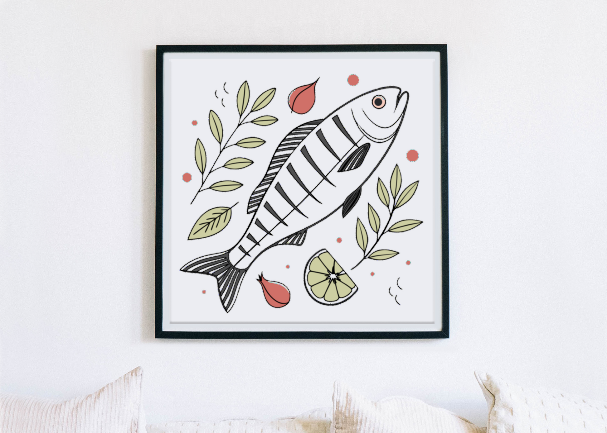 Cadre végétal avec poisson relaxant en style vectoriel organique