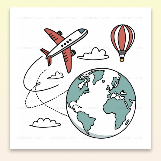 Illustration d'avion voyageur entourant le globe terrestre, usage papeterie et décoration