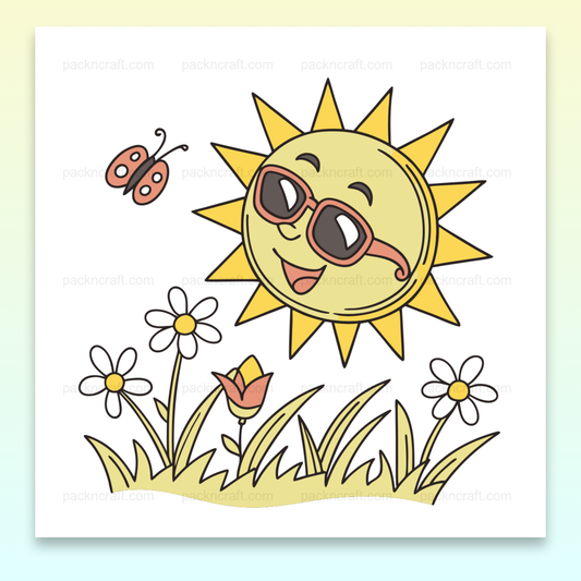 Illustration d'un soleil souriant avec lunettes de soleil dans un style cartoon, idéale pour DIY et déco printanière.