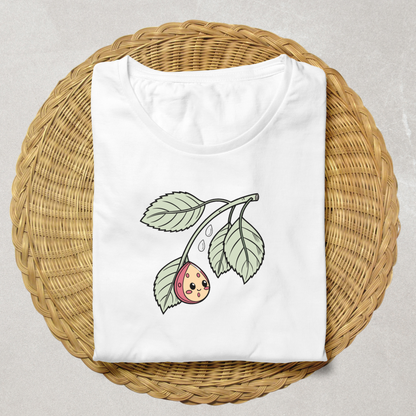 T-shirt avec design nature ludique et joyeux une goutte souriante sous une feuille