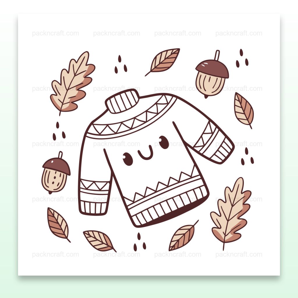 Illustration d'un pull heureux d'automne entouré de feuilles et de glands, style SVG minimaliste