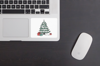 Sticker festif avec sapin enchanté et cadeaux, idéal pour l'esprit de Noël