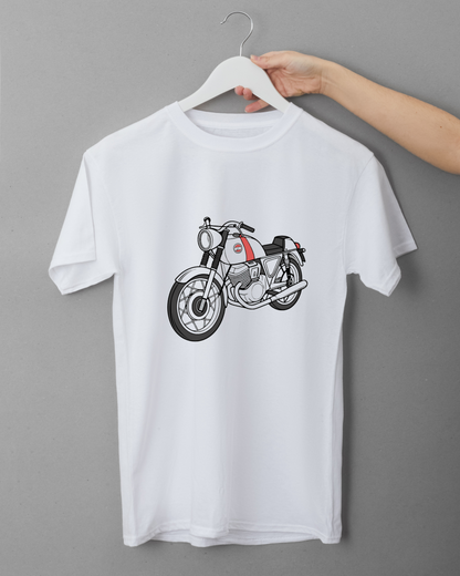 SVG de moto classique sur t-shirt, idéal pour les amateurs de véhicules vintage.