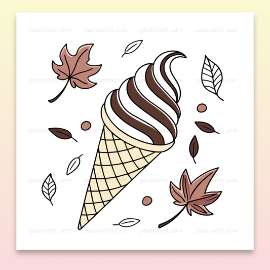 Cornet de glace automnal entouré de feuilles, illustration pour usage DIY et décoration.