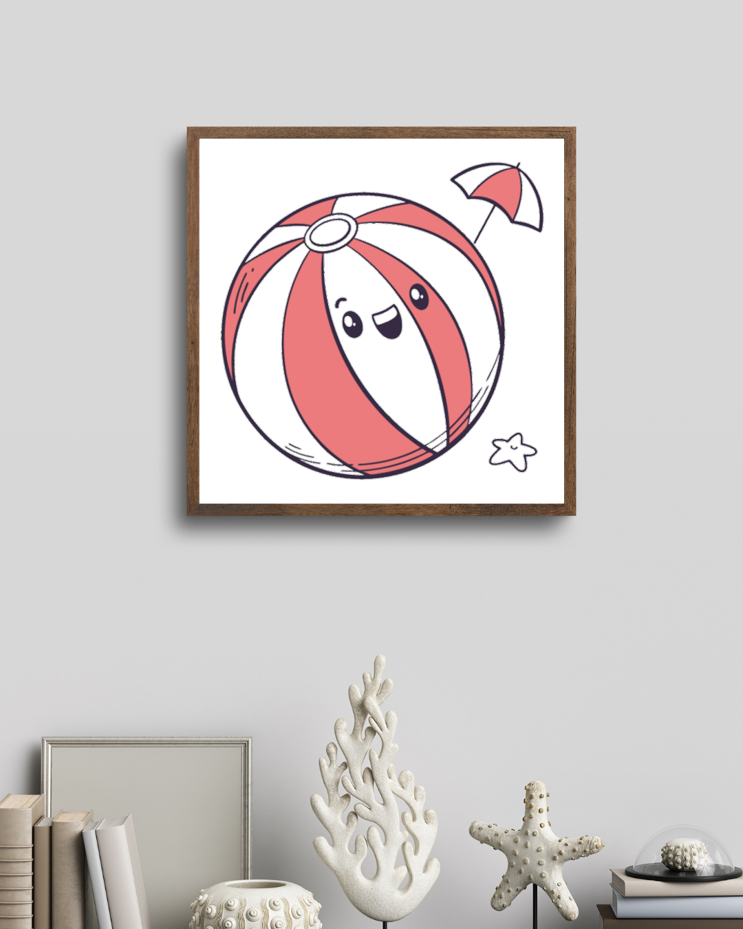 Cadre décoratif estival affichant une balle de plage joyeuse, style mignon et animé