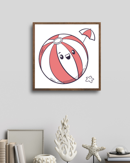Cadre décoratif estival affichant une balle de plage joyeuse, style mignon et animé