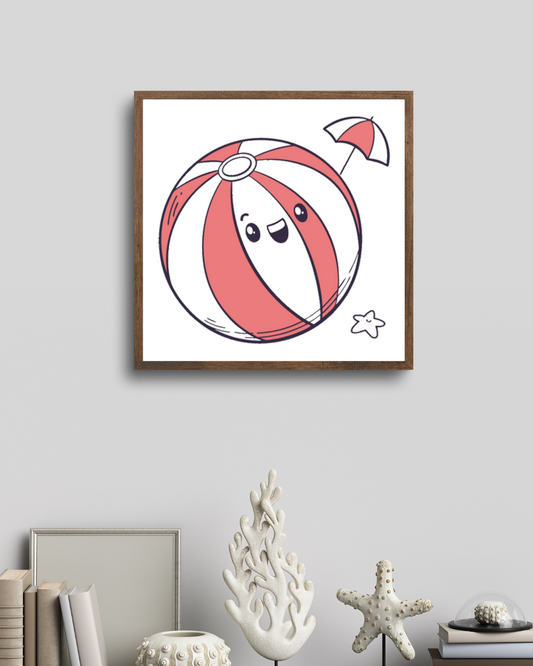 Cadre décoratif estival affichant une balle de plage joyeuse, style mignon et animé