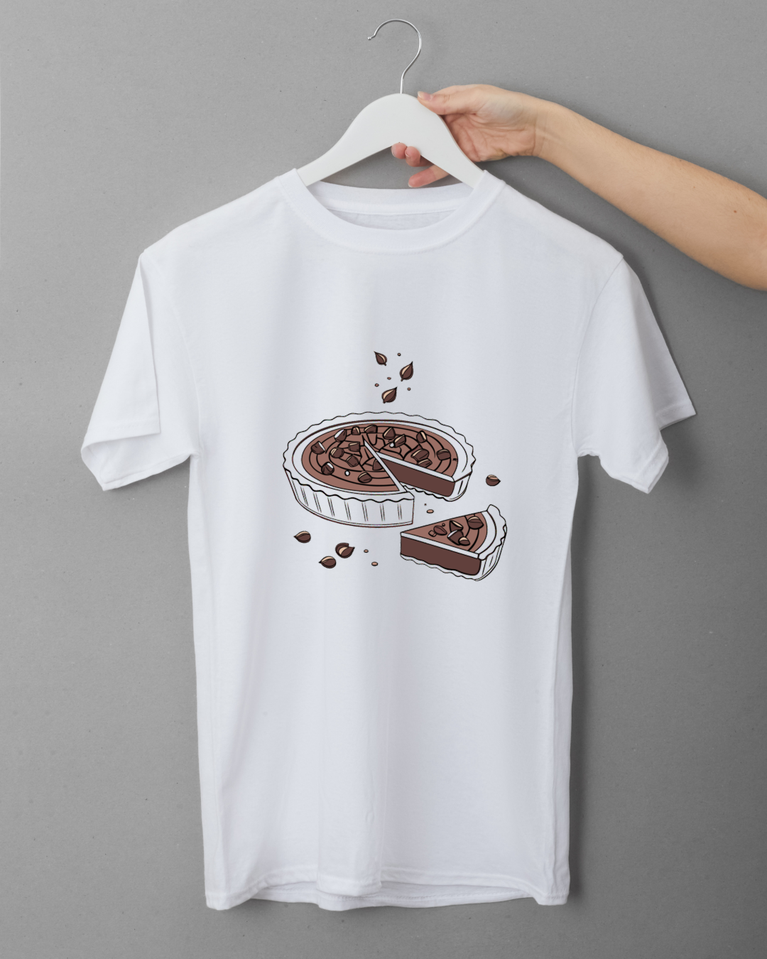 T-shirt avec tarte choco-noisette en style minimaliste pour passionnés de cuisine