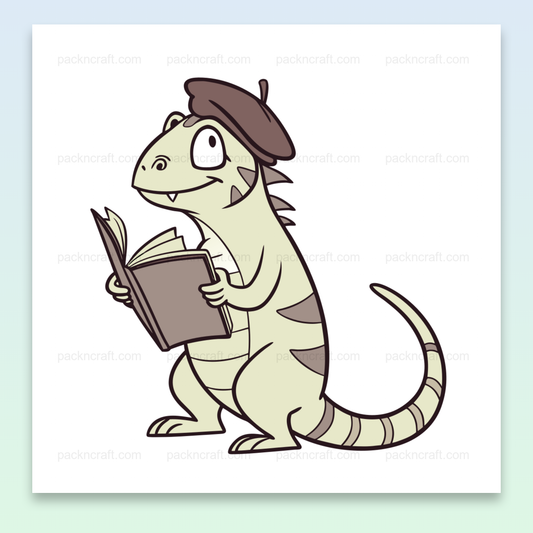 Illustration d'un lézard lettré avec un béret, style cartoon, pour projets éducatifs et créatifs.