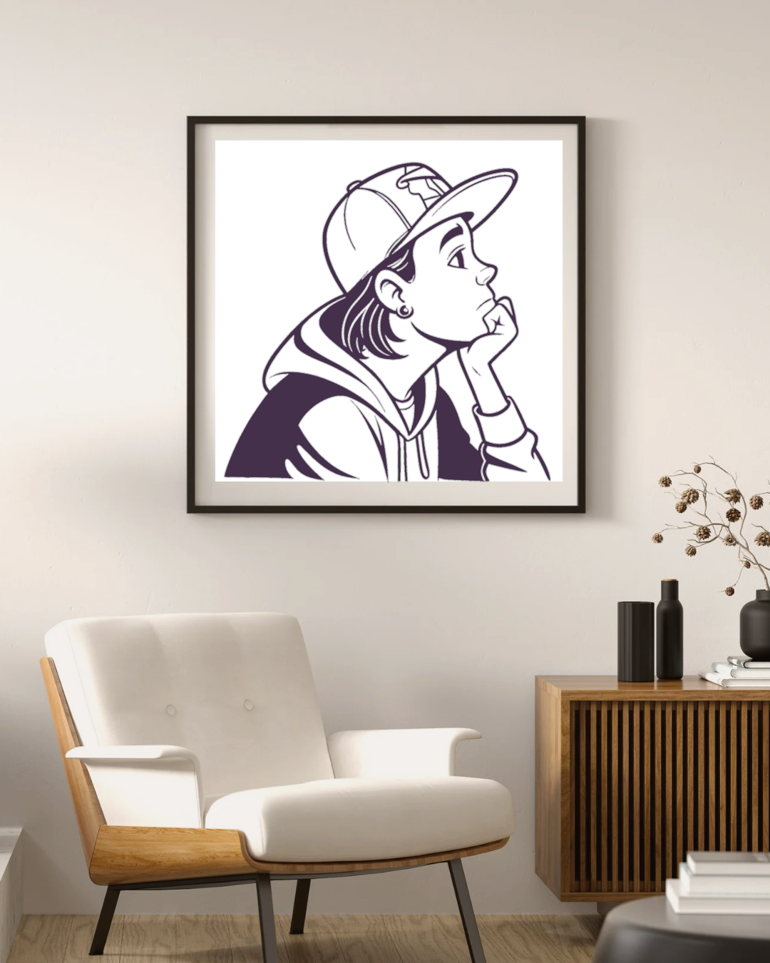 Cadre avec esquisse d'un jeune en casquette, style urbain et moderne