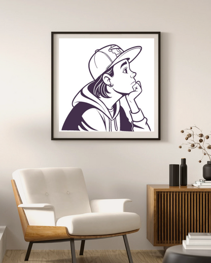 Cadre avec esquisse d'un jeune en casquette, style urbain et moderne