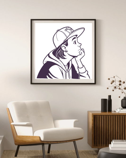 Cadre avec esquisse d'un jeune en casquette, style urbain et moderne
