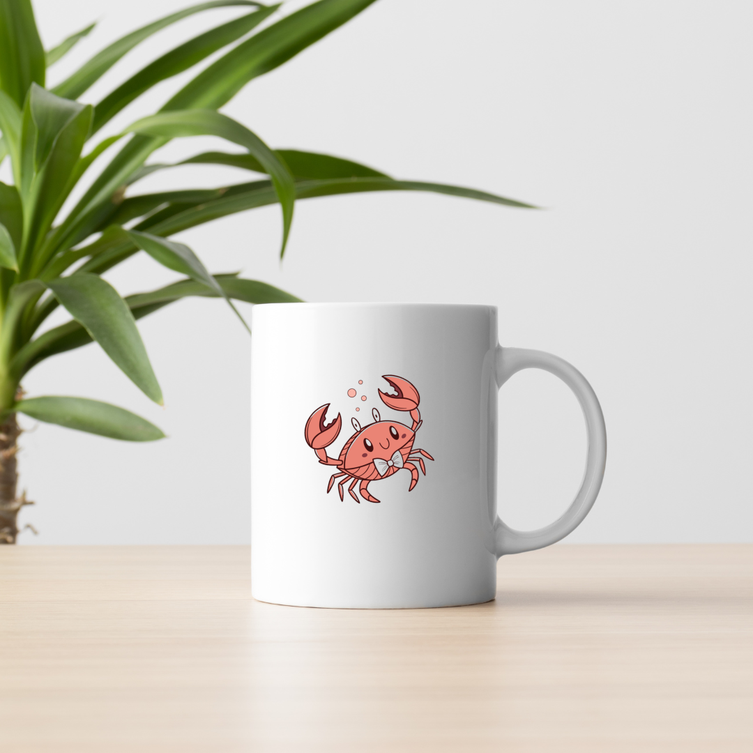 Mug avec crabe kawaii et nœud papillon sur fond marin accueillant
