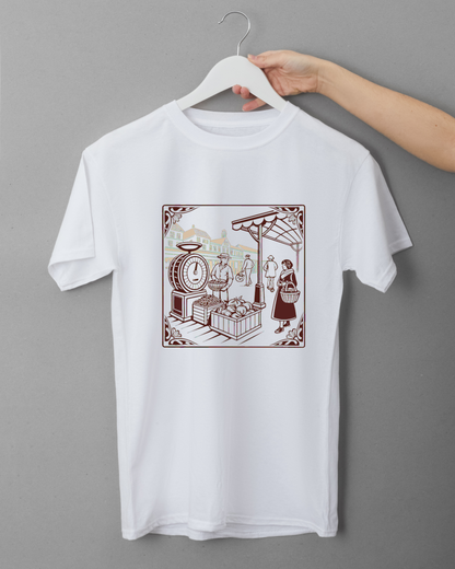 T-shirt décoré avec un motif rétro de marché, ajoutant un style unique à votre look.