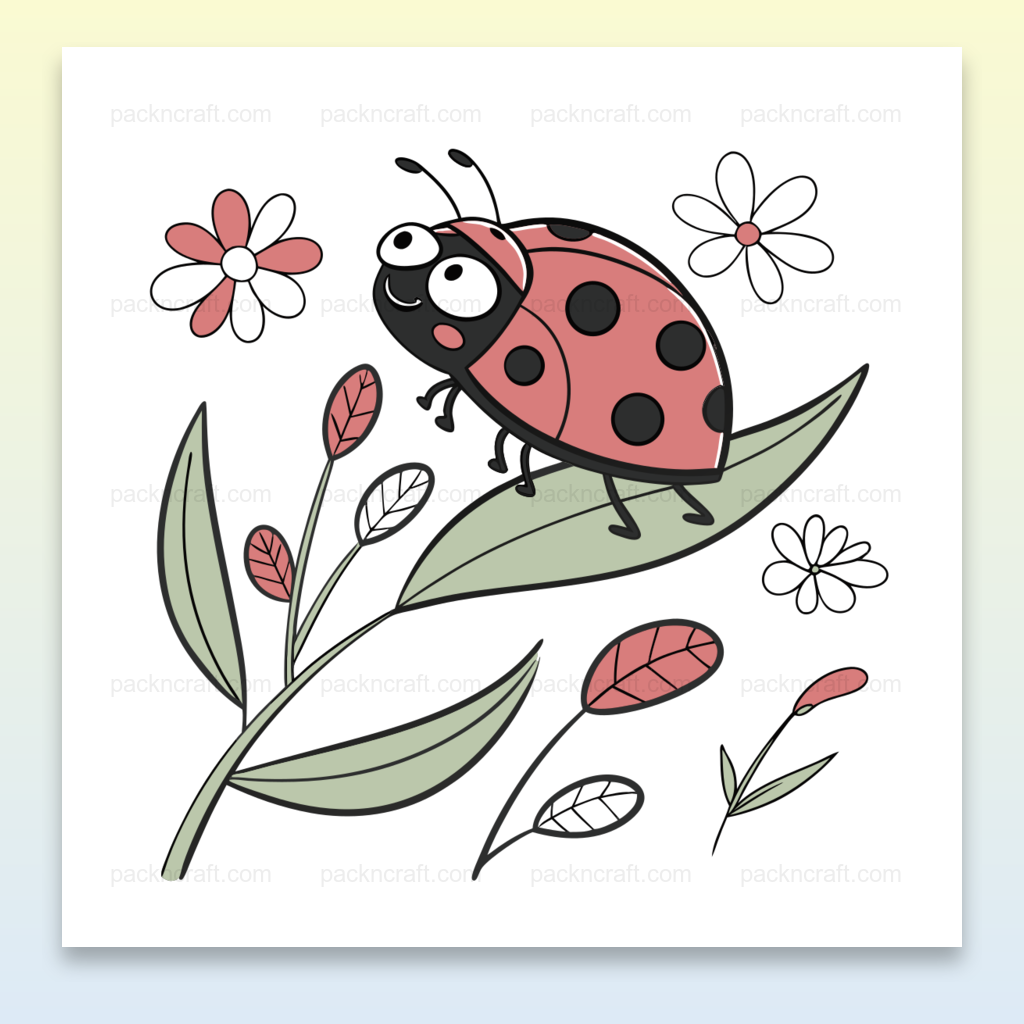 Illustration joyeuse de coccinelle sur une feuille dans un style doodle, idéale pour créations DIY et éducatives.