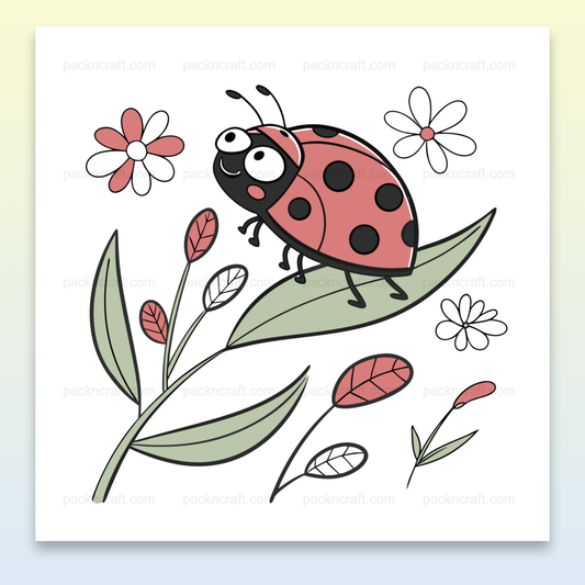 Illustration joyeuse de coccinelle sur une feuille dans un style doodle, idéale pour créations DIY et éducatives.