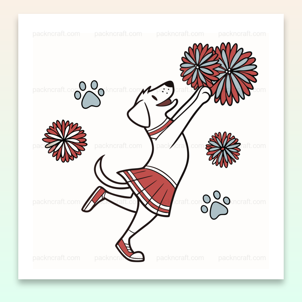 Illustration d'un chien joyeux avec pompons, idéal pour papeterie et déco