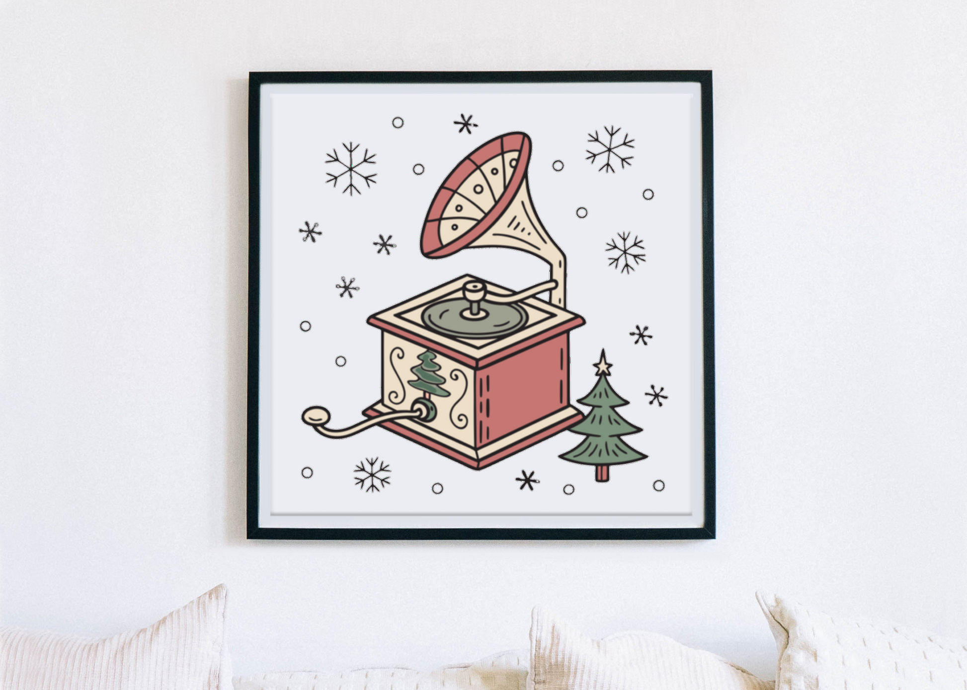 Cadre élégant montrant un phonographe festif dans un style kawaii chaleureux et hivernal