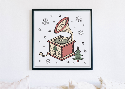 Cadre élégant montrant un phonographe festif dans un style kawaii chaleureux et hivernal
