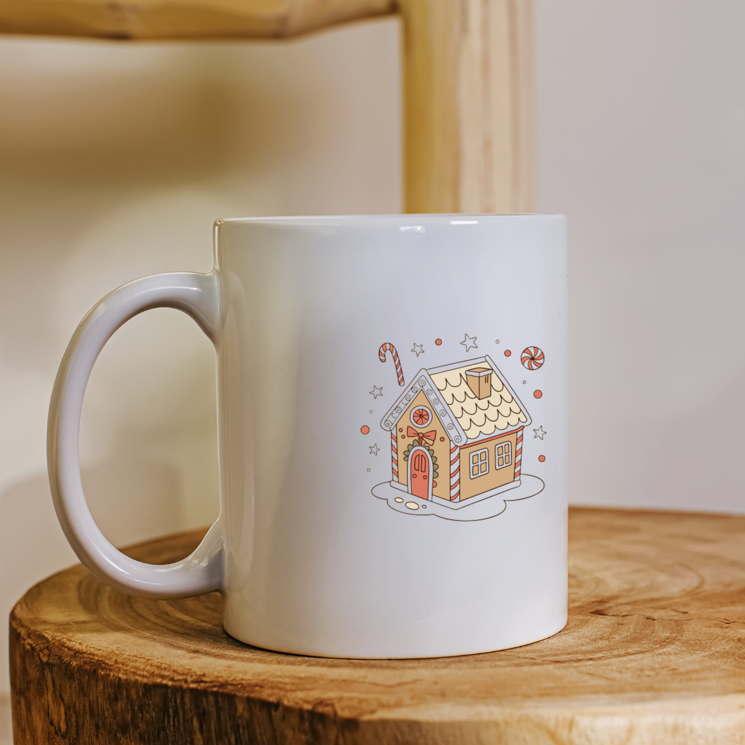 Mug festif avec dessin maison de pain d'épices pour ambiance Noël enchantée