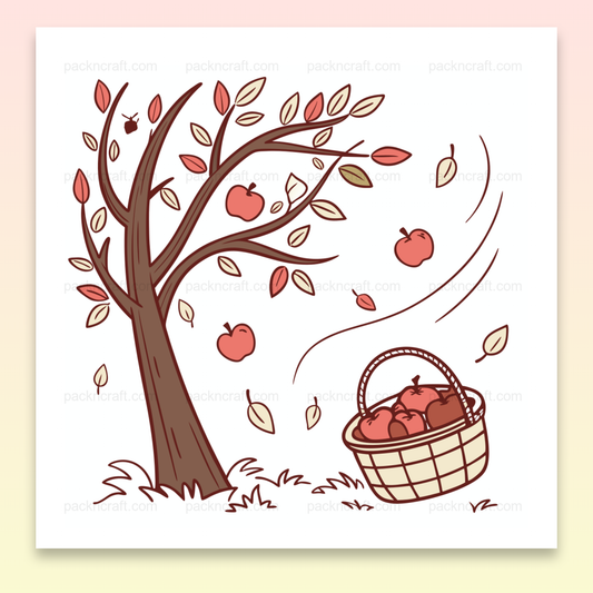 Illustration de pommes sur un arbre avec un panier, idéale pour projets automnaux.