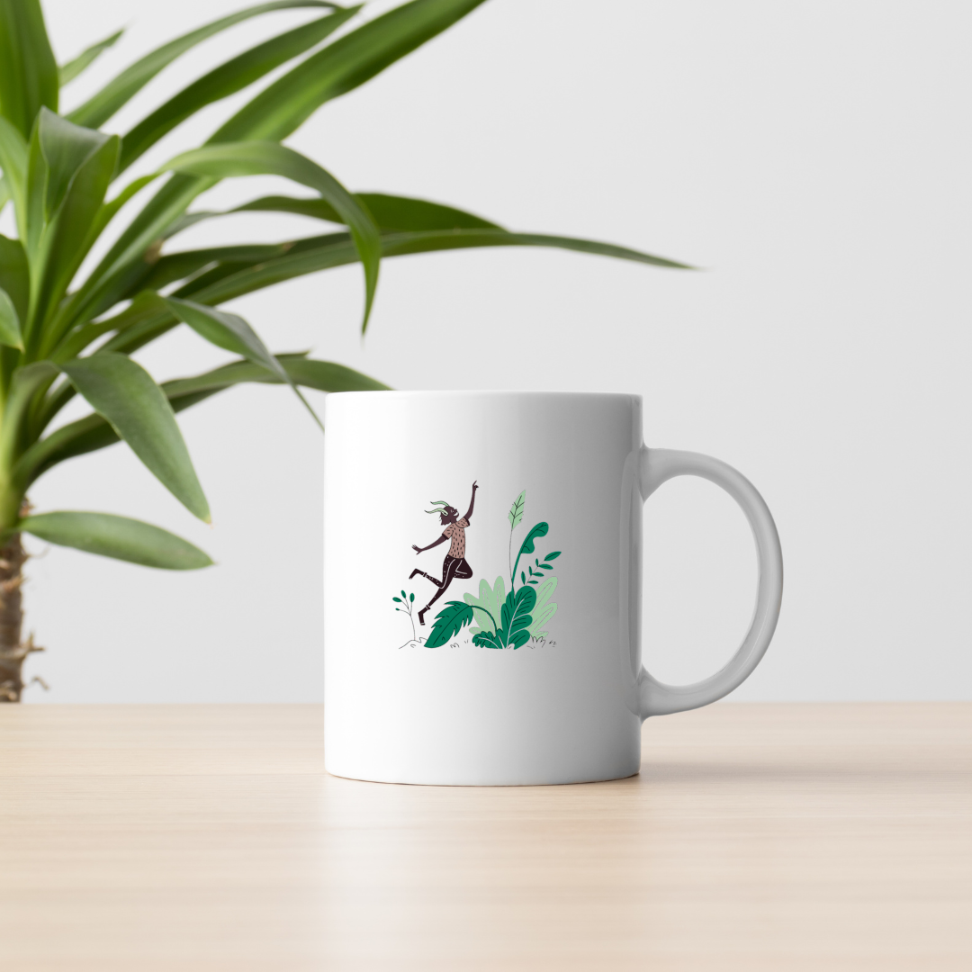 Mug avec doodle de créature enjouée bondissant dans une jungle dynamique