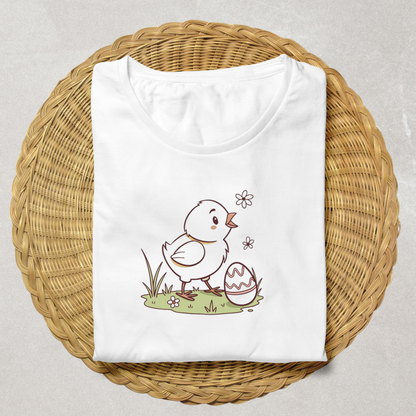 T-shirt avec un poussin kawaii intrigué sortant d'un œuf de Pâques coloré