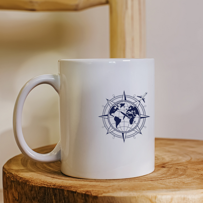 Mug avec symbole avion-globe minimaliste abordant le thème exploration