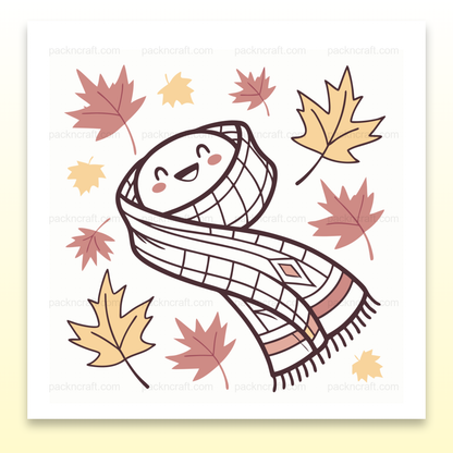 Illustration vectorielle d'une écharpe joyeuse avec feuilles d'automne, idéale pour papeterie et déco.