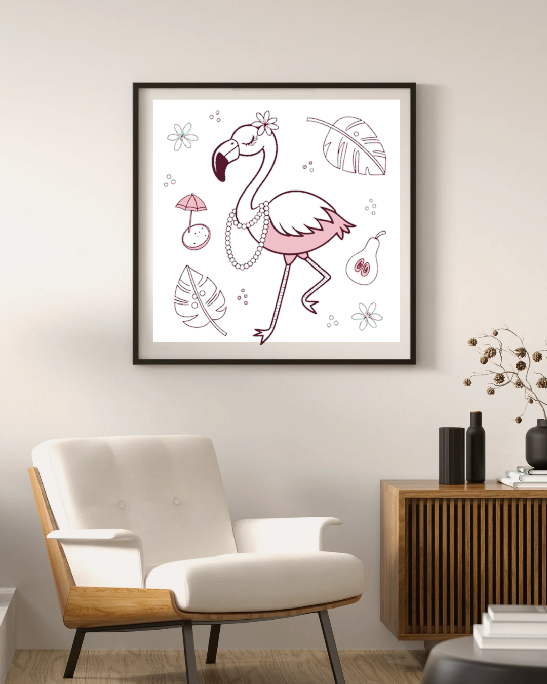 Cadre avec un élégant flamant rose stylisé pour vacances tropicales exotiques