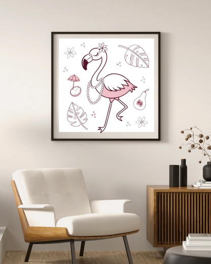 Cadre avec un élégant flamant rose stylisé pour vacances tropicales exotiques