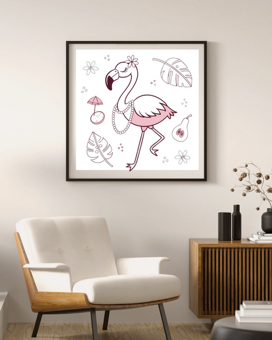 Cadre avec un élégant flamant rose stylisé pour vacances tropicales exotiques