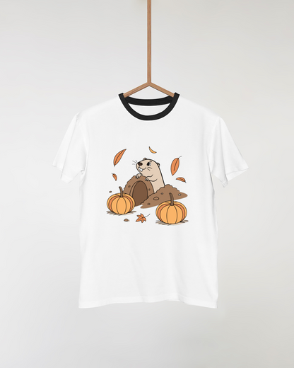 T-shirt automnal avec icône décorative de marmotte curieuse en tons chauds