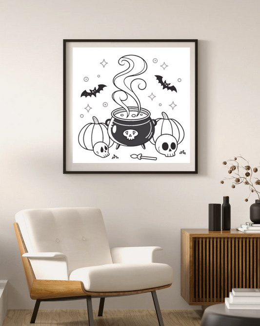 Cadre décoration avec chaudron et citrouilles, parfait pour un thème Halloween vibrant