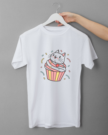 T-shirt kawaii orné d'un chat joueur sur un cupcake style festif
