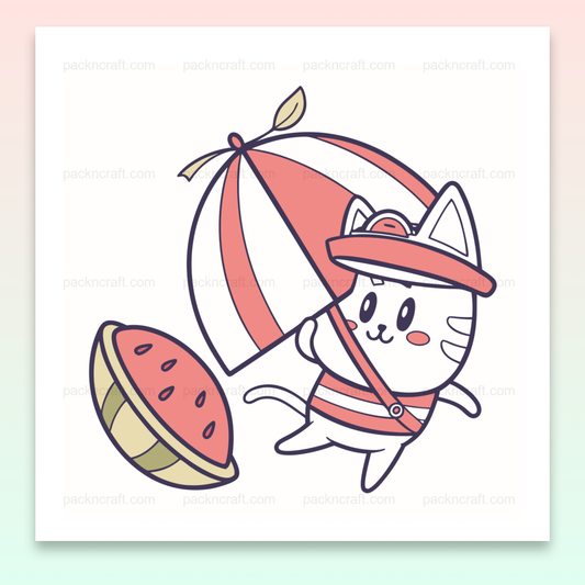 Illustration de chat marin avec parasol en style pastel, parfaite pour projets estivaux.