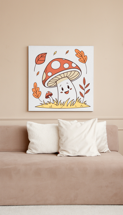 Cadre illustré avec doodle de champignon joyeux en style automnal vibrant