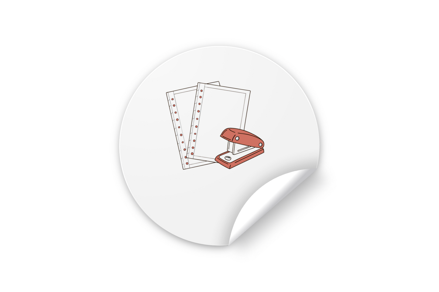 Sticker avec agrafeuse stylisée de bureau en action, illustration vectorielle
