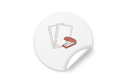 Sticker avec agrafeuse stylisée de bureau en action, illustration vectorielle