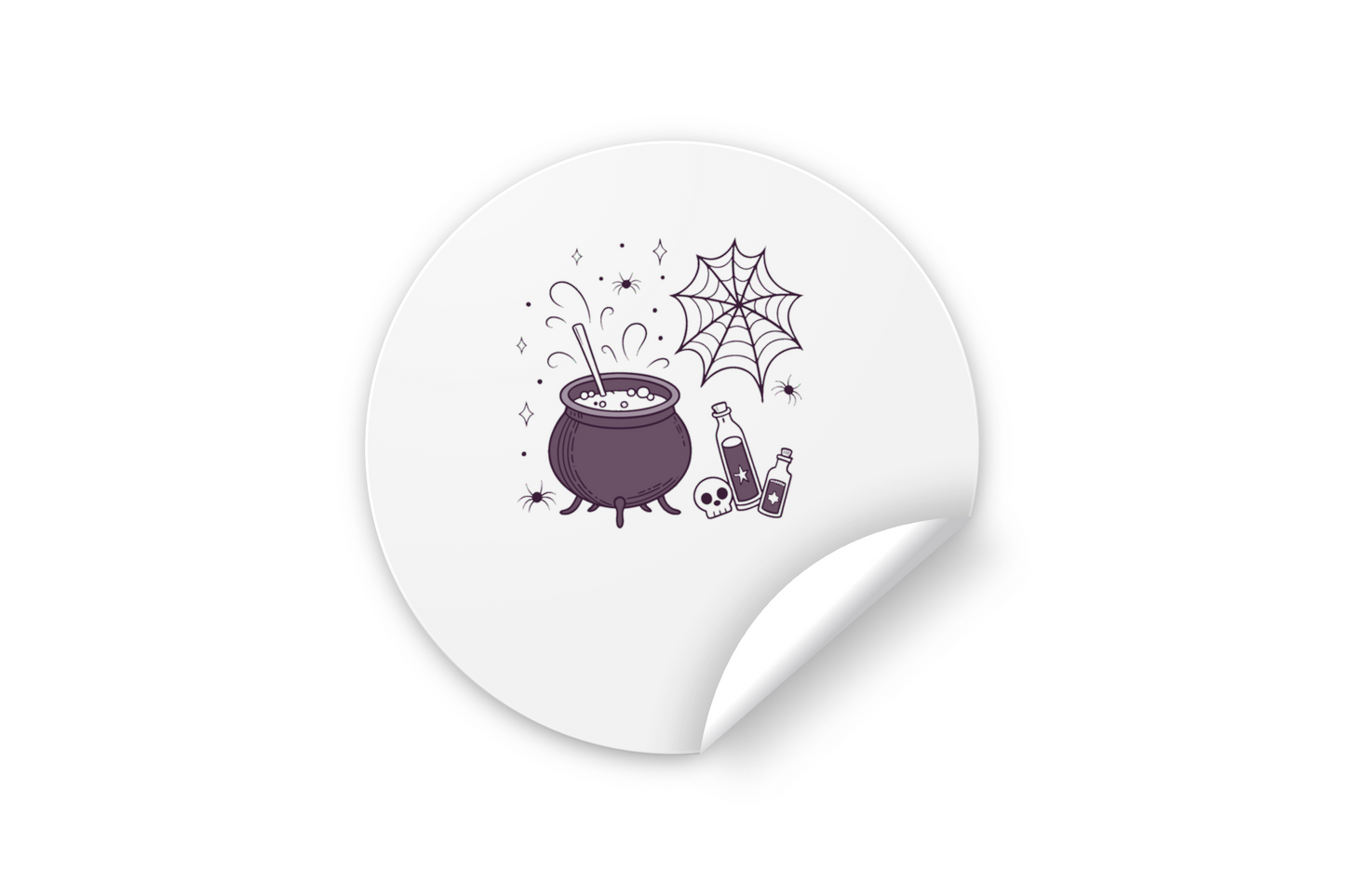 Sticker d'Halloween illustrant un chaudron en ébullition avec des motifs enchantés